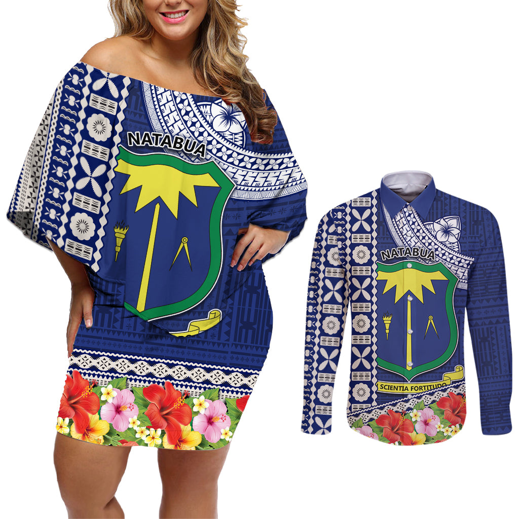 Fiji Natabua High School Couples Matching Off Shoulder Short Dress and Long Sleeve Button Shirt Tropical Flower and Tapa Pattern Blue Style LT03 Blue - Polynesian Pride