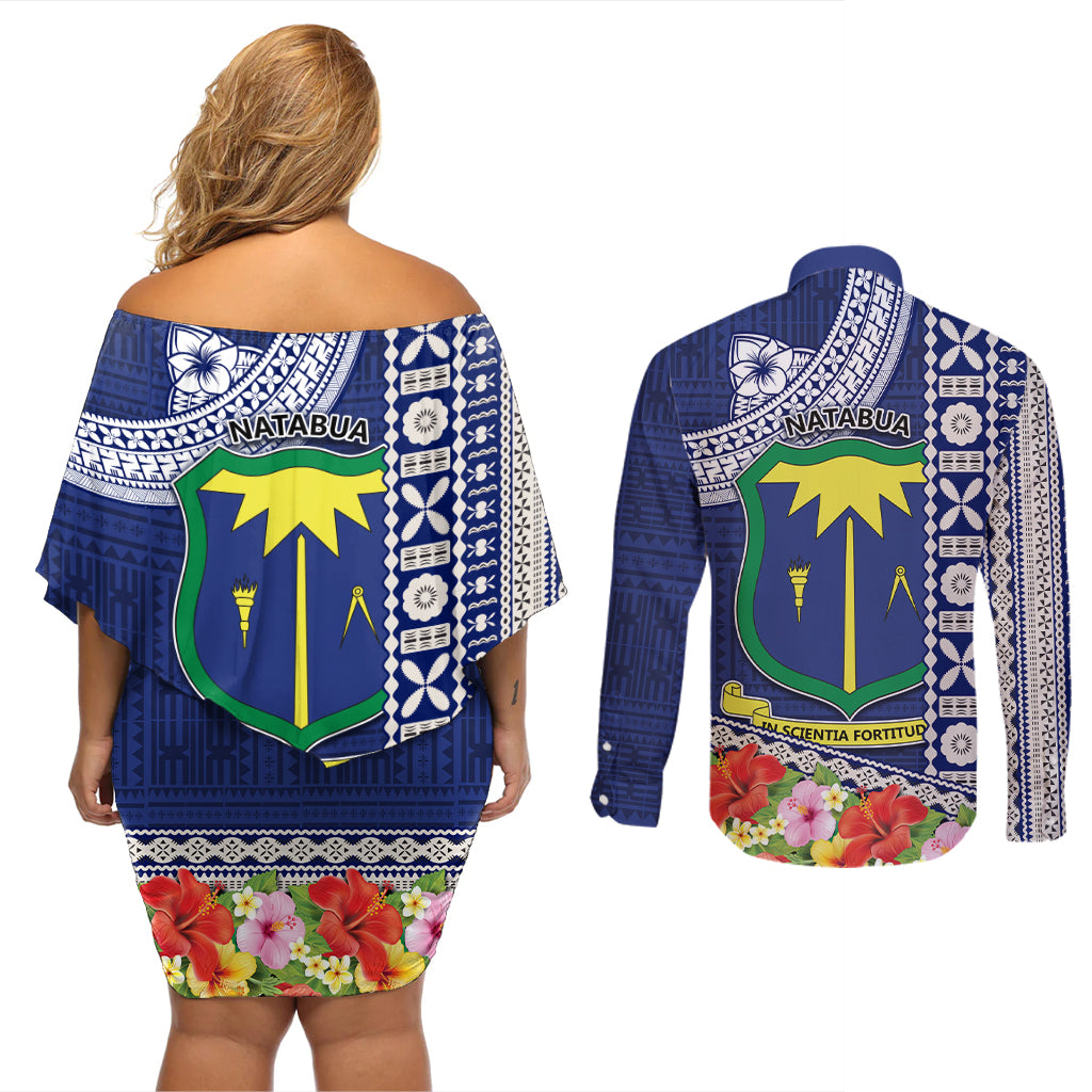 Fiji Natabua High School Couples Matching Off Shoulder Short Dress and Long Sleeve Button Shirt Tropical Flower and Tapa Pattern Blue Style LT03 - Polynesian Pride