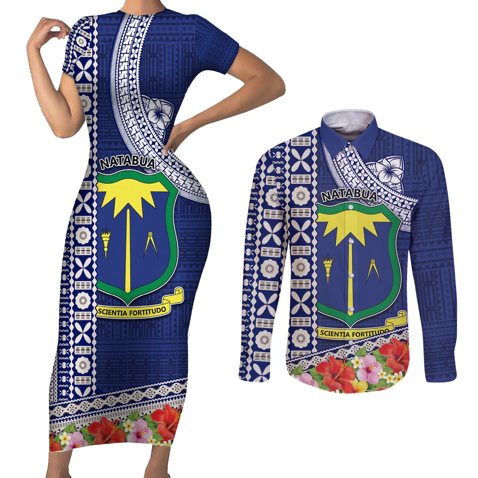 Fiji Natabua High School Couples Matching Short Sleeve Bodycon Dress and Long Sleeve Button Shirt Tropical Flower and Tapa Pattern Blue Style LT03 Blue - Polynesian Pride
