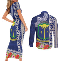 Fiji Natabua High School Couples Matching Short Sleeve Bodycon Dress and Long Sleeve Button Shirt Tropical Flower and Tapa Pattern Blue Style LT03 - Polynesian Pride