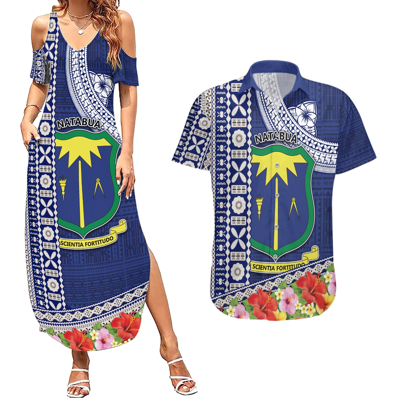 Fiji Natabua High School Couples Matching Summer Maxi Dress and Hawaiian Shirt Tropical Flower and Tapa Pattern Blue Style LT03 Blue - Polynesian Pride