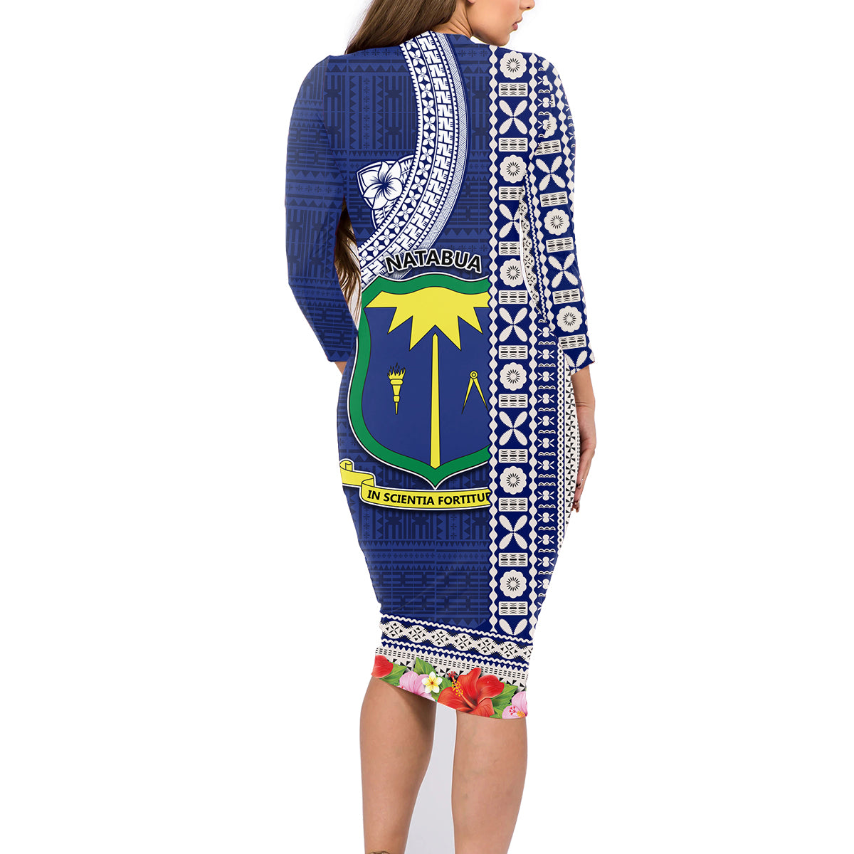 Fiji Natabua High School Family Matching Long Sleeve Bodycon Dress and Hawaiian Shirt Tropical Flower and Tapa Pattern Blue Style LT03 - Polynesian Pride