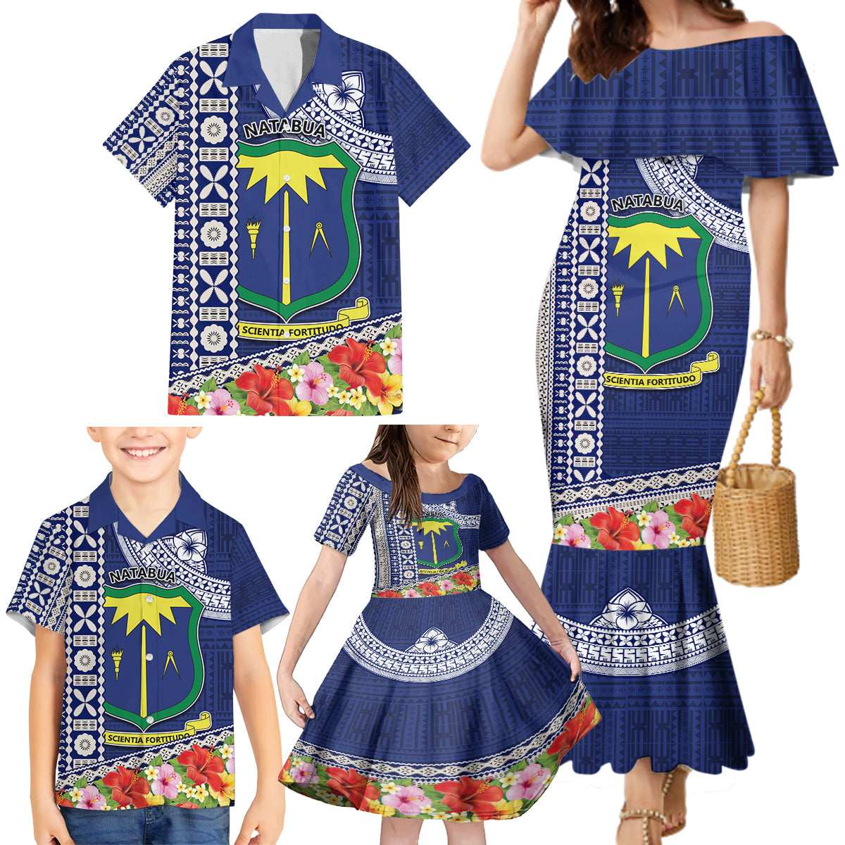 Fiji Natabua High School Family Matching Mermaid Dress and Hawaiian Shirt Tropical Flower and Tapa Pattern Blue Style LT03 - Polynesian Pride