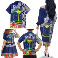 Fiji Natabua High School Family Matching Off Shoulder Long Sleeve Dress and Hawaiian Shirt Tropical Flower and Tapa Pattern Blue Style LT03 - Polynesian Pride