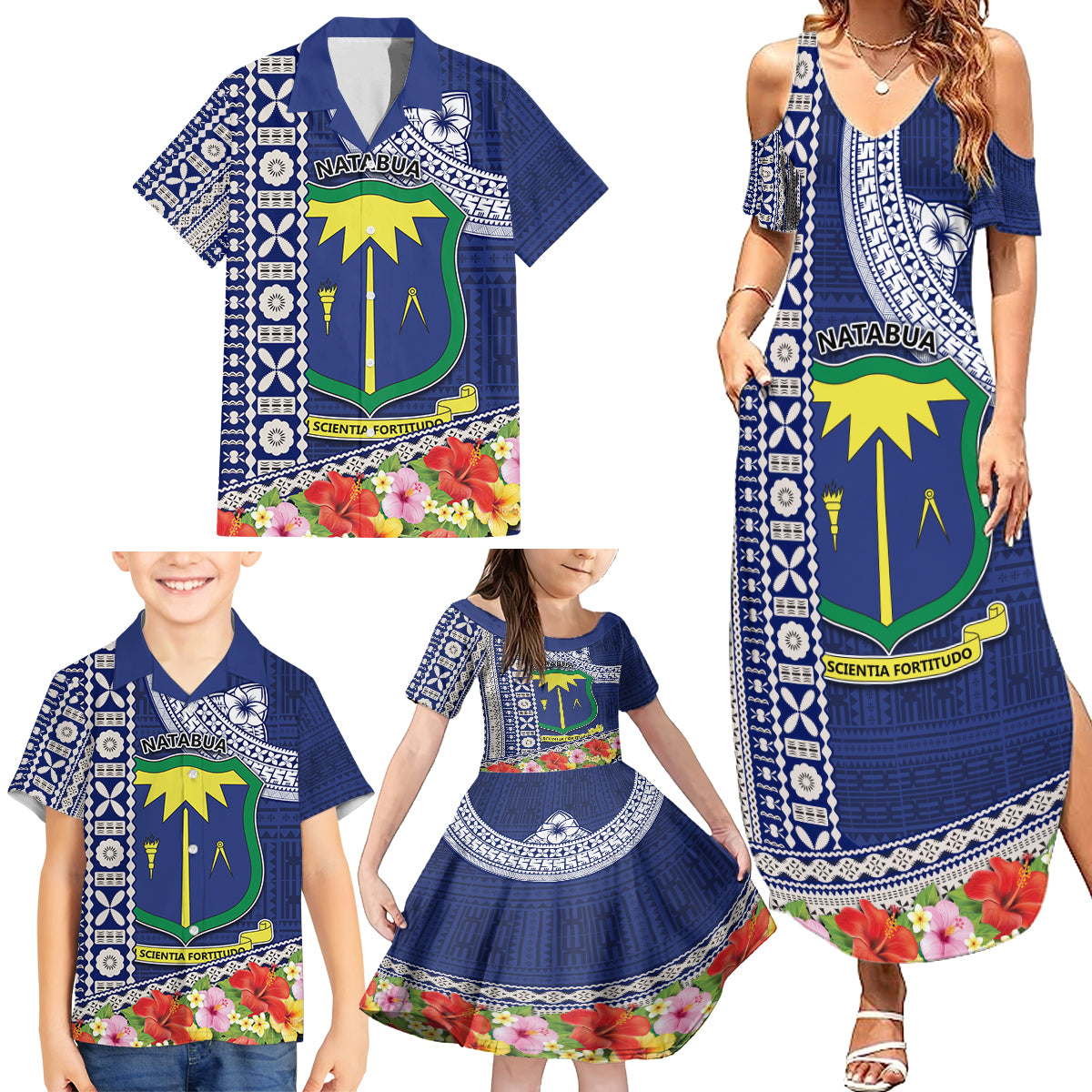 Fiji Natabua High School Family Matching Summer Maxi Dress and Hawaiian Shirt Tropical Flower and Tapa Pattern Blue Style LT03 - Polynesian Pride