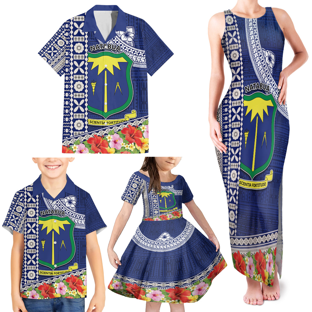 Fiji Natabua High School Family Matching Tank Maxi Dress and Hawaiian Shirt Tropical Flower and Tapa Pattern Blue Style LT03 - Polynesian Pride