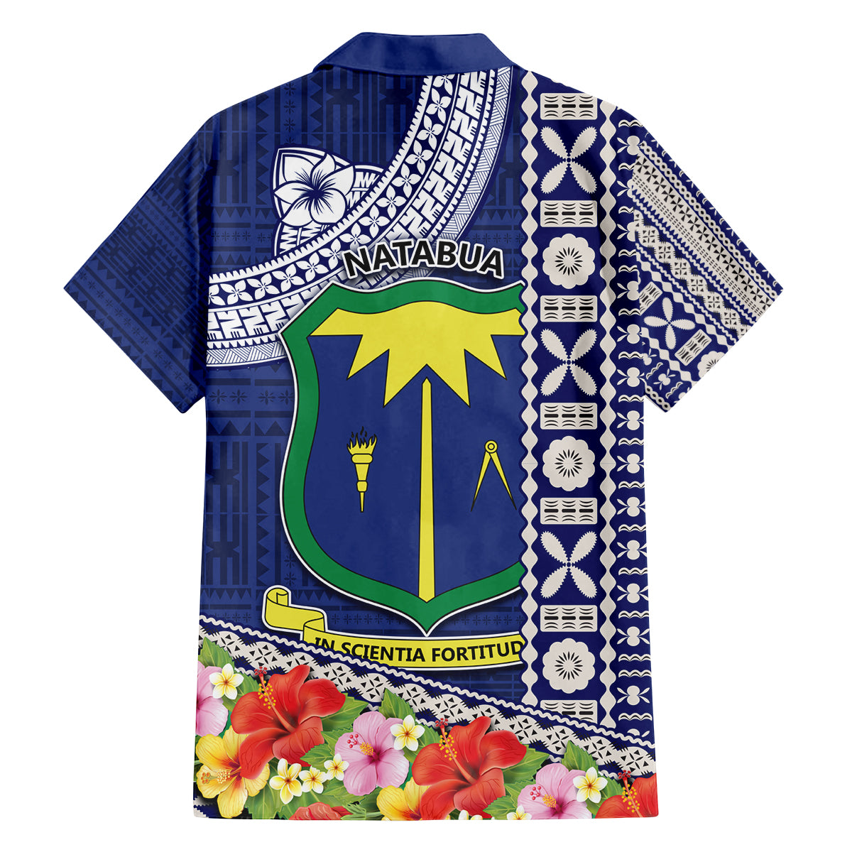 Fiji Natabua High School Family Matching Tank Maxi Dress and Hawaiian Shirt Tropical Flower and Tapa Pattern Blue Style LT03 - Polynesian Pride