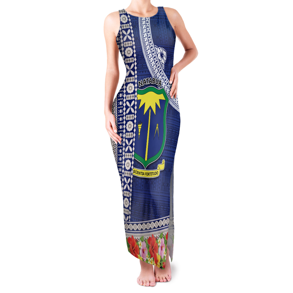 Fiji Natabua High School Family Matching Tank Maxi Dress and Hawaiian Shirt Tropical Flower and Tapa Pattern Blue Style LT03 Mom's Dress Blue - Polynesian Pride