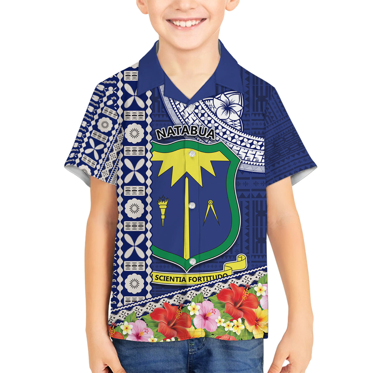 Fiji Natabua High School Family Matching Tank Maxi Dress and Hawaiian Shirt Tropical Flower and Tapa Pattern Blue Style LT03 Son's Shirt Blue - Polynesian Pride