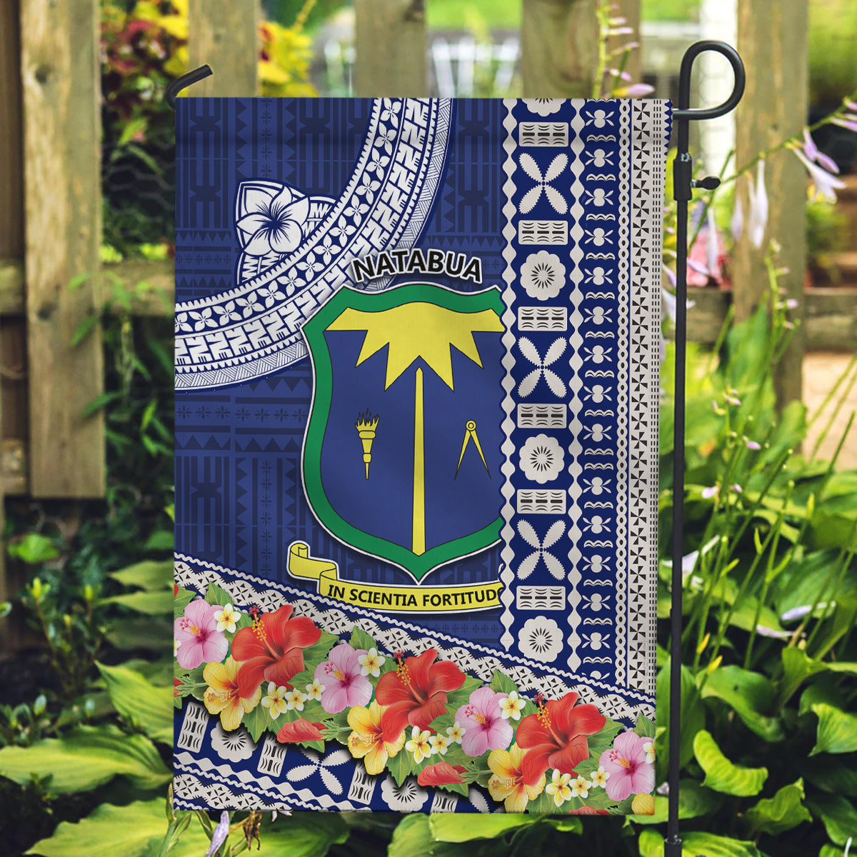 Fiji Natabua High School Garden Flag Tropical Flower and Tapa Pattern Blue Style LT03 Garden Flag Blue - Polynesian Pride