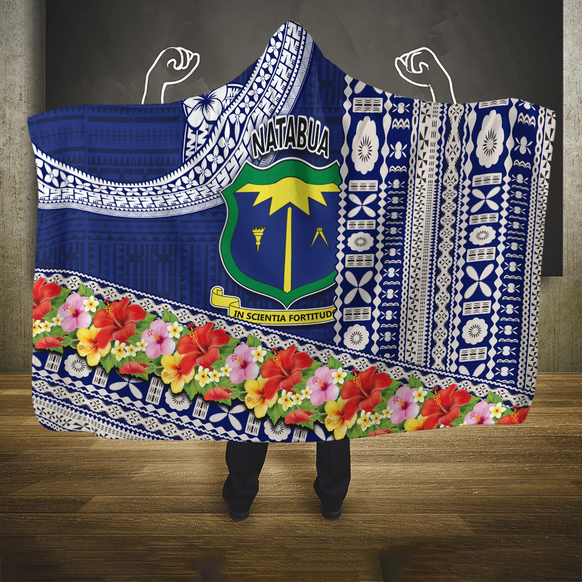 Fiji Natabua High School Hooded Blanket Tropical Flower and Tapa Pattern Blue Style LT03 One Size Blue - Polynesian Pride