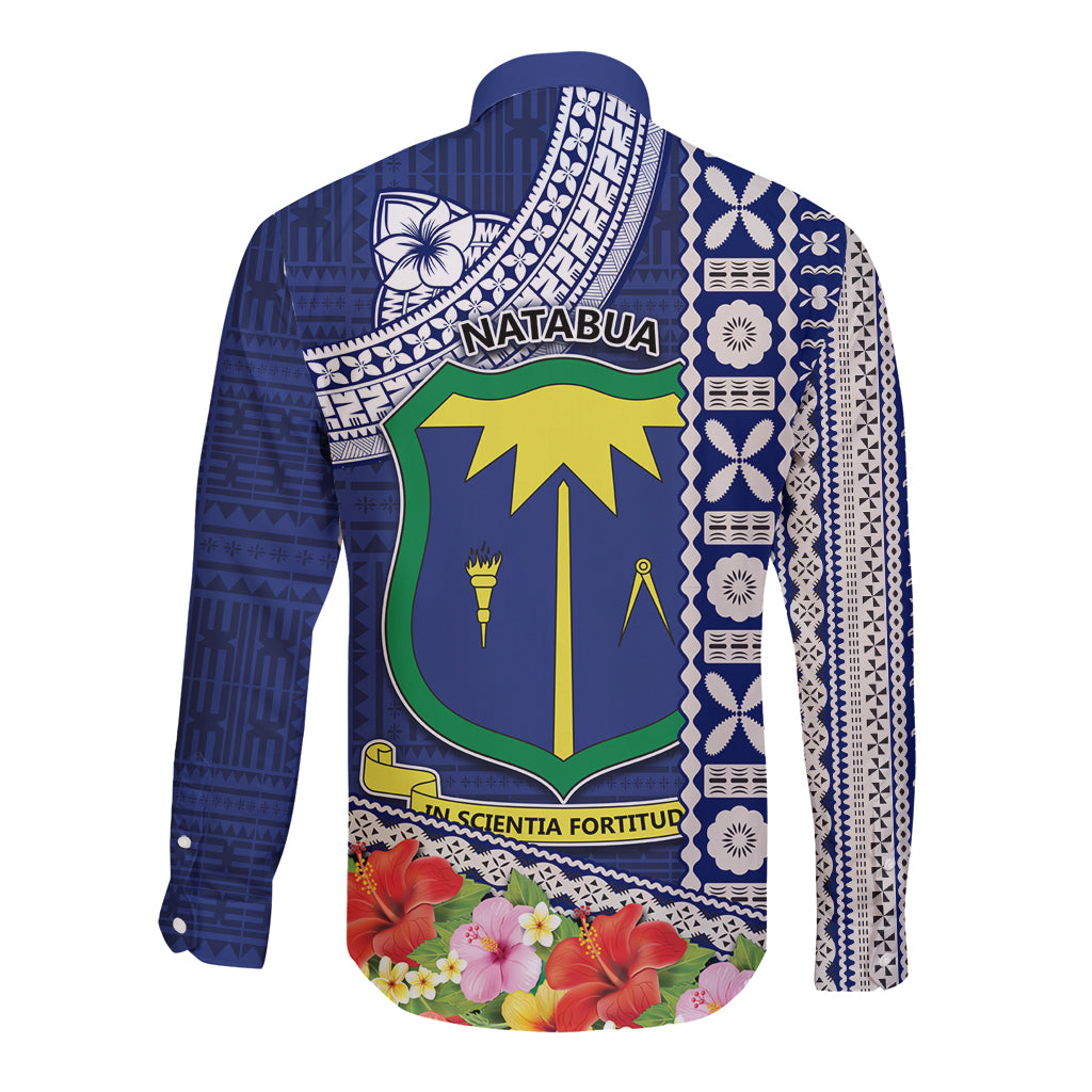 Fiji Natabua High School Long Sleeve Button Shirt Tropical Flower and Tapa Pattern Blue Style LT03 - Polynesian Pride