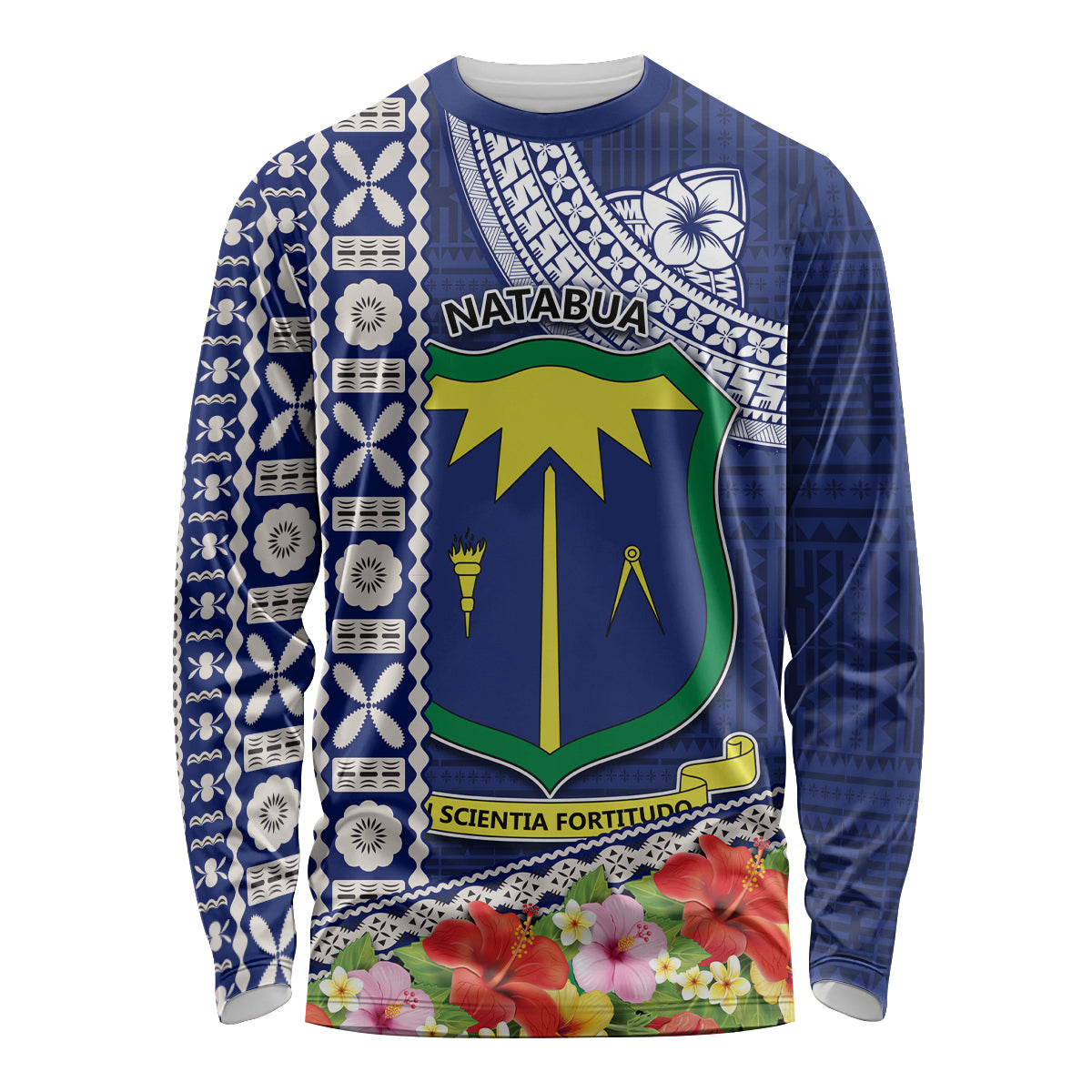 Fiji Natabua High School Long Sleeve Shirt Tropical Flower and Tapa Pattern Blue Style LT03 Unisex Blue - Polynesian Pride