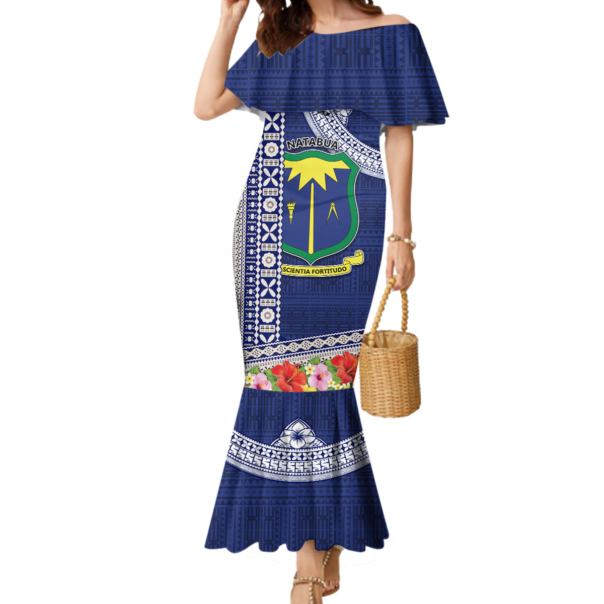 Fiji Natabua High School Mermaid Dress Tropical Flower and Tapa Pattern Blue Style LT03 Women Blue - Polynesian Pride