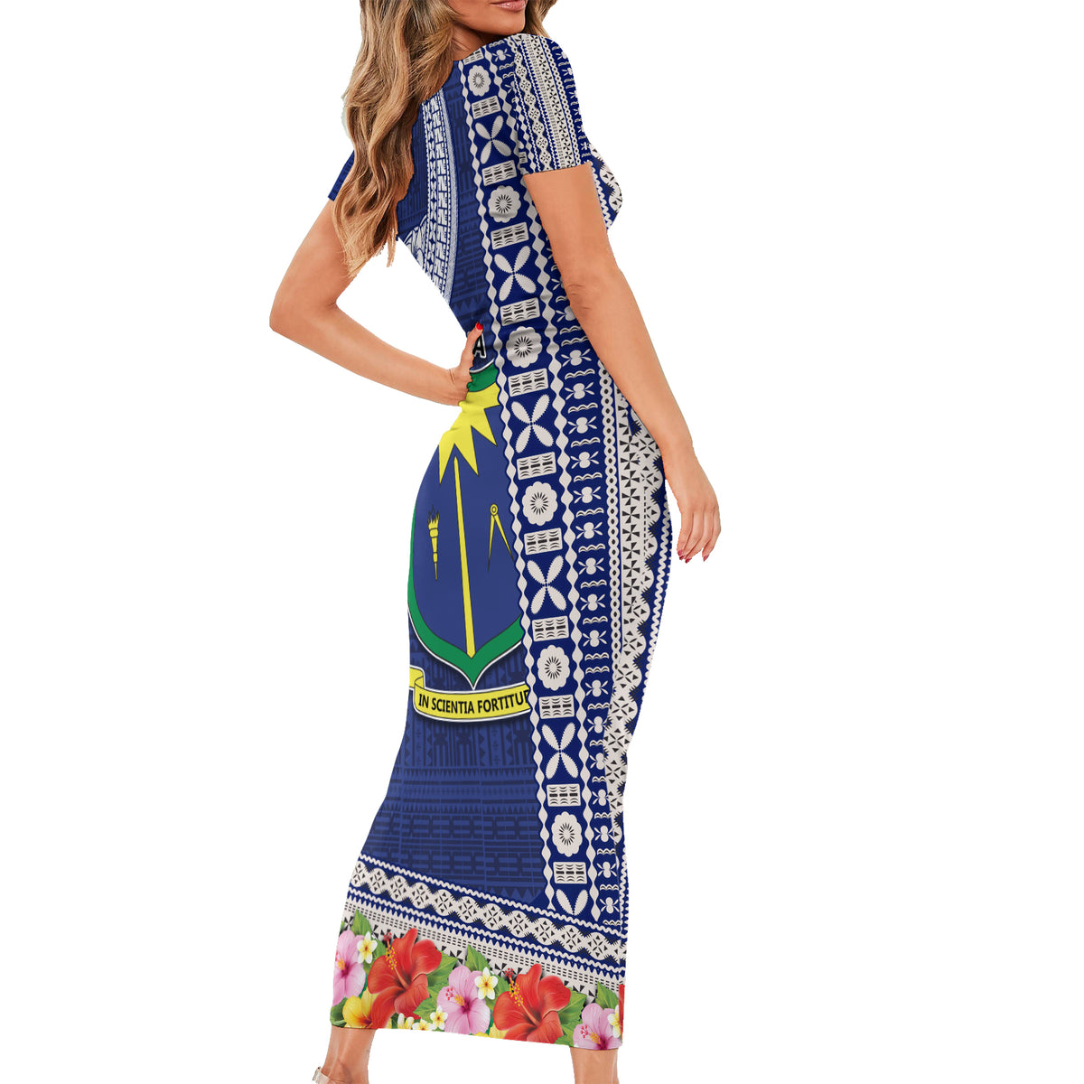 Fiji Natabua High School Short Sleeve Bodycon Dress Tropical Flower and Tapa Pattern Blue Style LT03 - Polynesian Pride