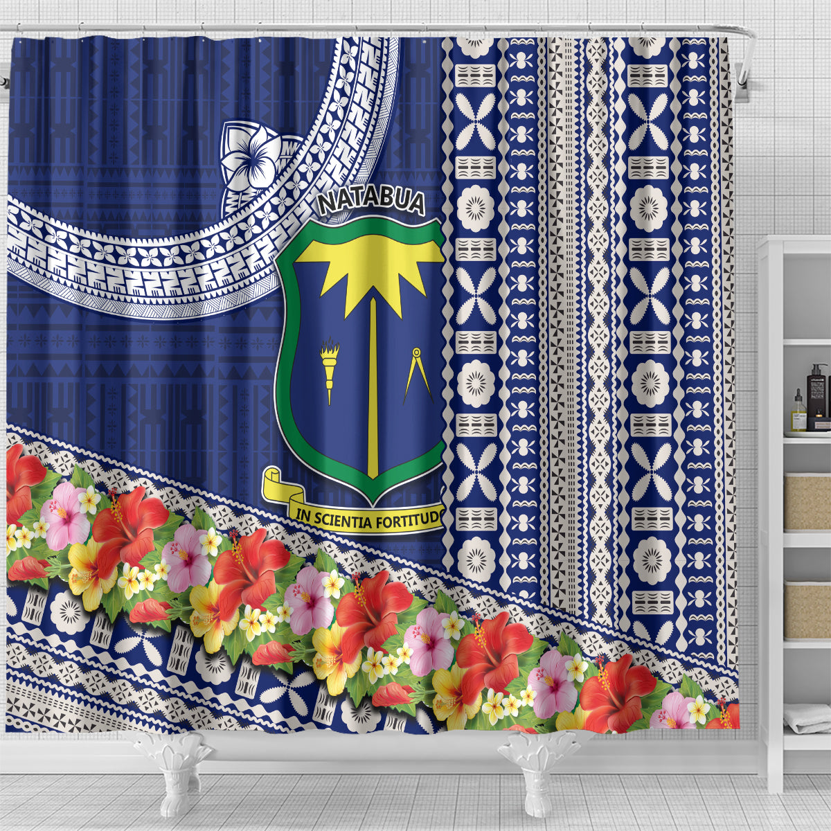 Fiji Natabua High School Shower Curtain Tropical Flower and Tapa Pattern Blue Style LT03 - Polynesian Pride