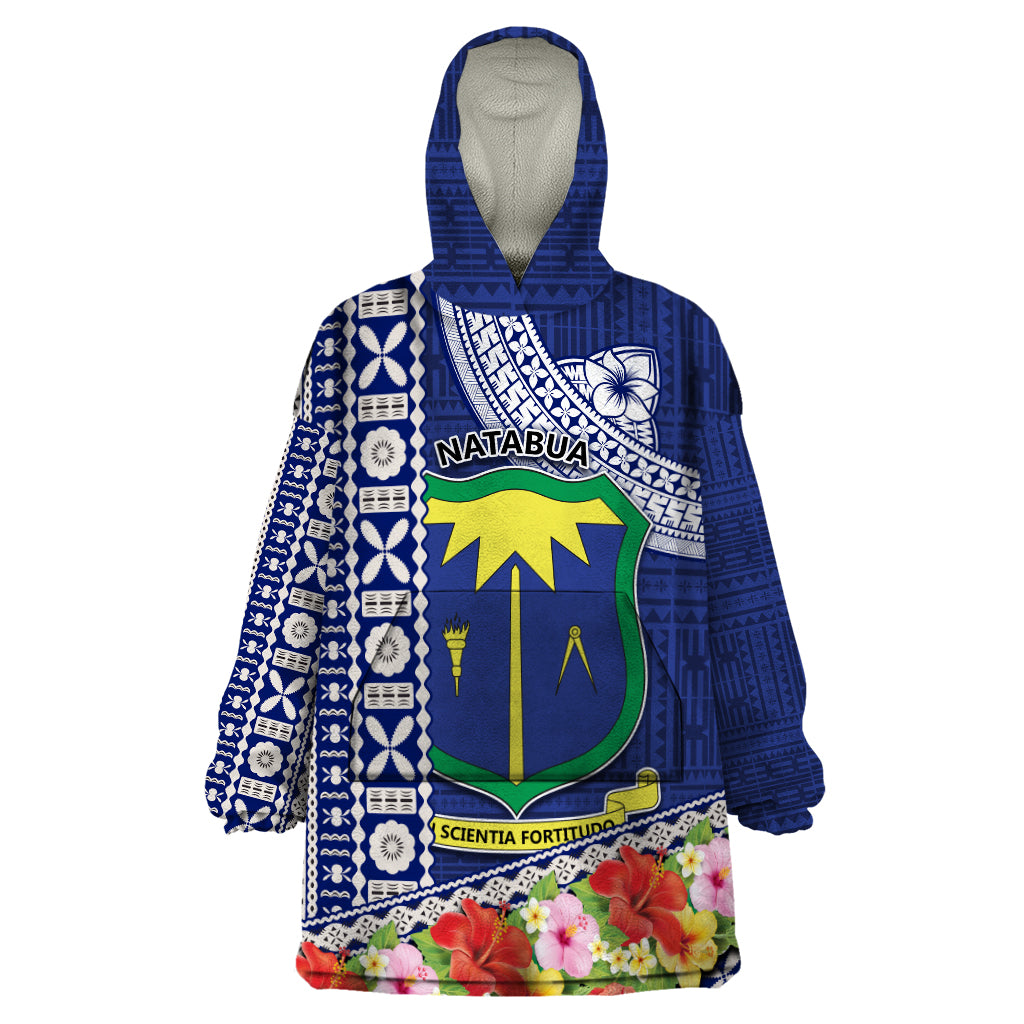 Fiji Natabua High School Wearable Blanket Hoodie Tropical Flower and Tapa Pattern Blue Style LT03 One Size Blue - Polynesian Pride