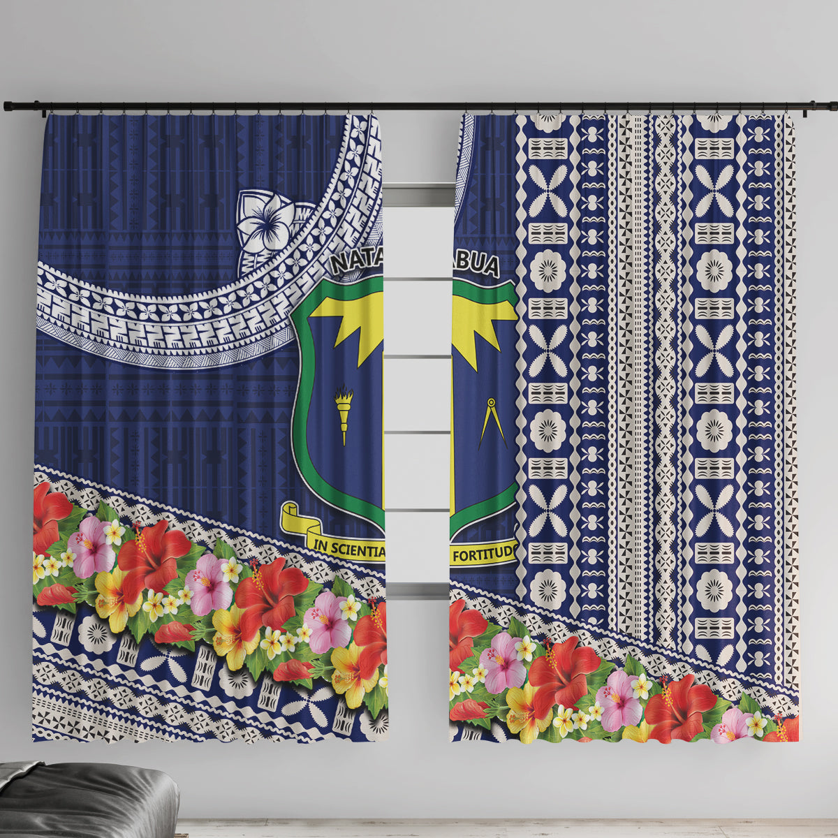 Fiji Natabua High School Window Curtain Tropical Flower and Tapa Pattern Blue Style LT03 With Hooks Blue - Polynesian Pride