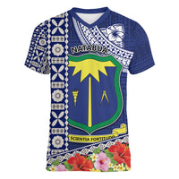 Fiji Natabua High School Women V Neck T Shirt Tropical Flower and Tapa Pattern Blue Style LT03 Female Blue - Polynesian Pride