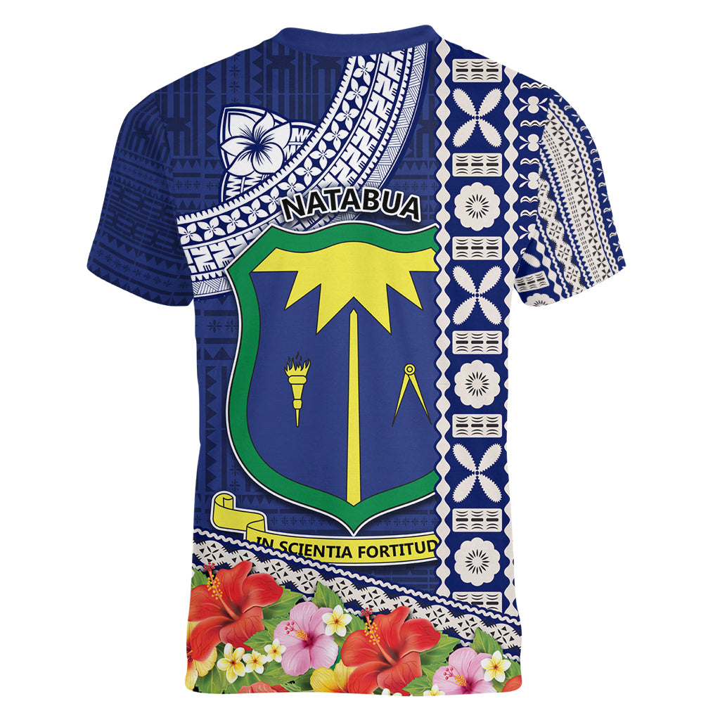 Fiji Natabua High School Women V Neck T Shirt Tropical Flower and Tapa Pattern Blue Style LT03 - Polynesian Pride
