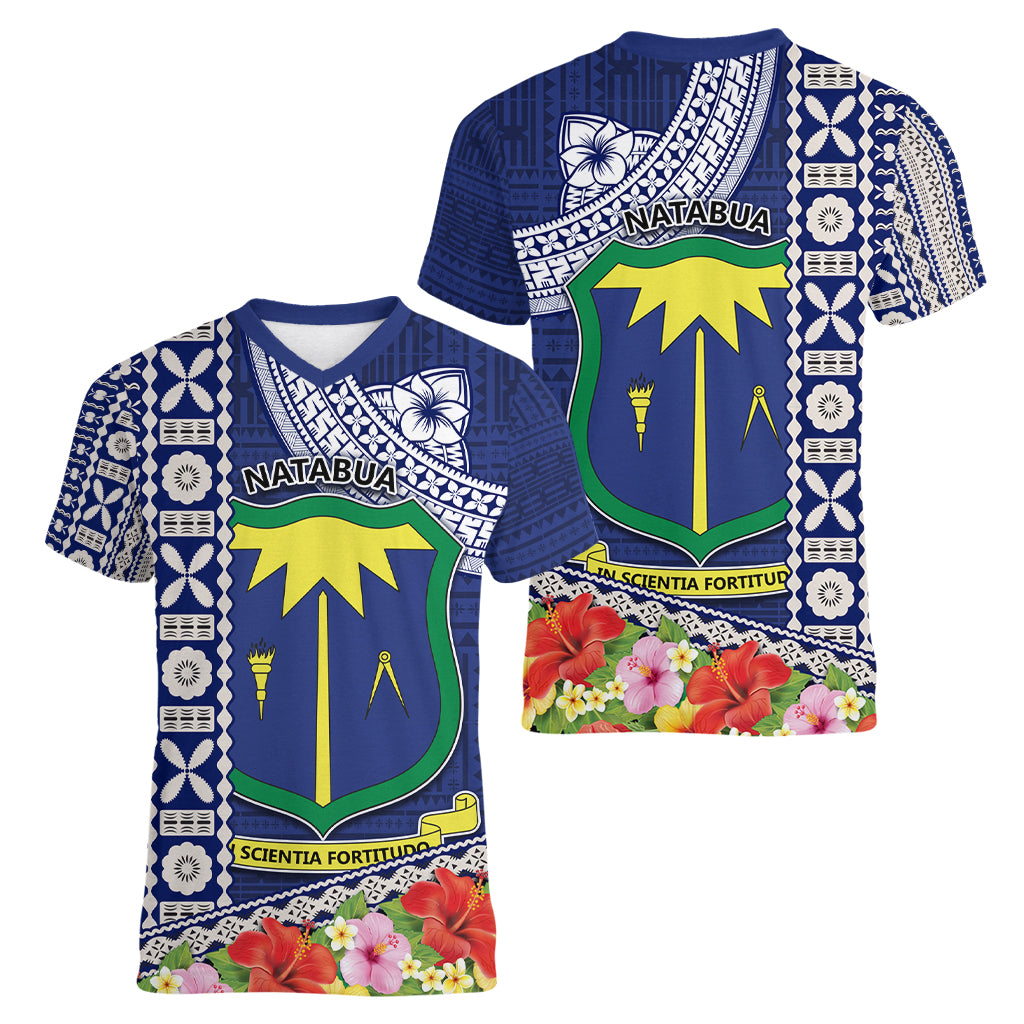 Fiji Natabua High School Women V Neck T Shirt Tropical Flower and Tapa Pattern Blue Style LT03 - Polynesian Pride