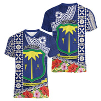 Fiji Natabua High School Women V Neck T Shirt Tropical Flower and Tapa Pattern Blue Style LT03 - Polynesian Pride