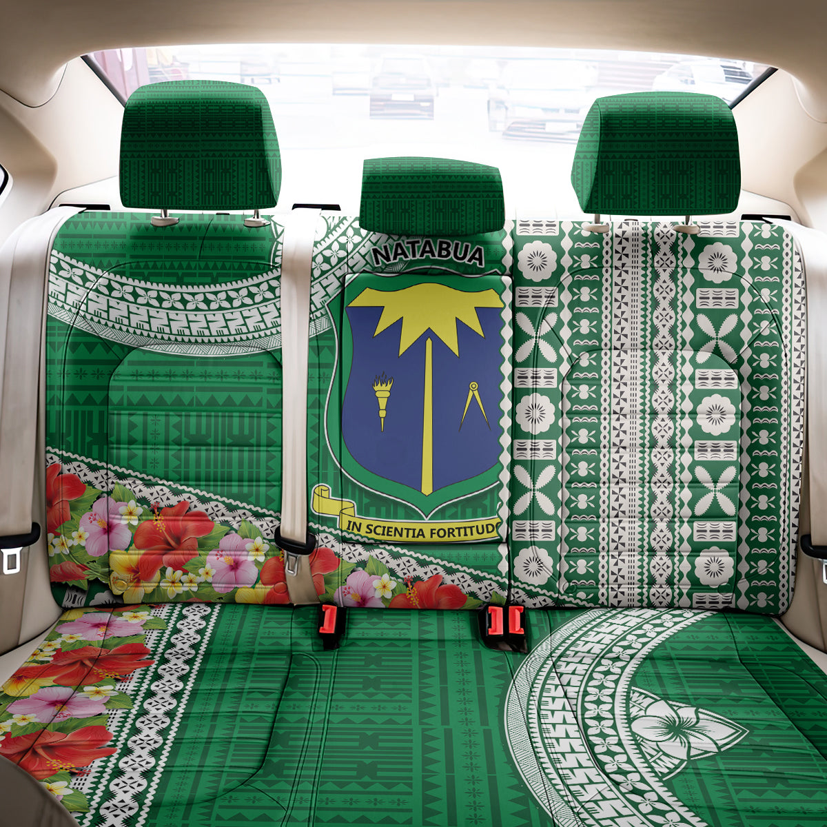 Fiji Natabua High School Back Car Seat Cover Tropical Flower and Tapa Pattern Green Style LT03