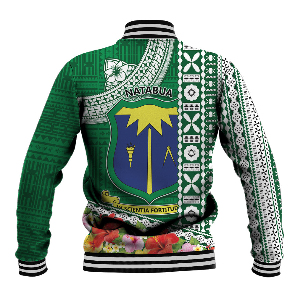 Fiji Natabua High School Baseball Jacket Tropical Flower and Tapa Pattern Green Style LT03 - Polynesian Pride