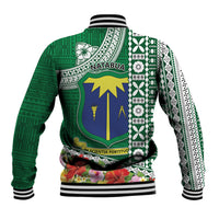 Fiji Natabua High School Baseball Jacket Tropical Flower and Tapa Pattern Green Style LT03 - Polynesian Pride