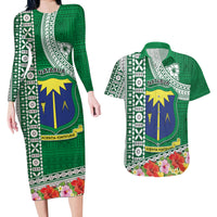 Fiji Natabua High School Couples Matching Long Sleeve Bodycon Dress and Hawaiian Shirt Tropical Flower and Tapa Pattern Green Style LT03 Green - Polynesian Pride