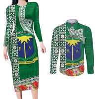 Fiji Natabua High School Couples Matching Long Sleeve Bodycon Dress and Long Sleeve Button Shirt Tropical Flower and Tapa Pattern Green Style LT03 Green - Polynesian Pride