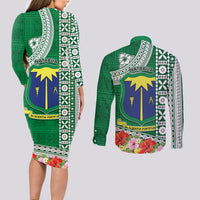 Fiji Natabua High School Couples Matching Long Sleeve Bodycon Dress and Long Sleeve Button Shirt Tropical Flower and Tapa Pattern Green Style LT03 - Polynesian Pride