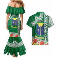 Fiji Natabua High School Couples Matching Mermaid Dress and Hawaiian Shirt Tropical Flower and Tapa Pattern Green Style LT03 - Polynesian Pride
