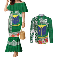 Fiji Natabua High School Couples Matching Mermaid Dress and Long Sleeve Button Shirt Tropical Flower and Tapa Pattern Green Style LT03 Green - Polynesian Pride
