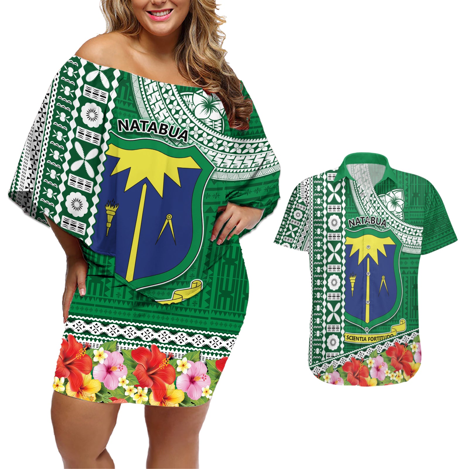 Fiji Natabua High School Couples Matching Off Shoulder Short Dress and Hawaiian Shirt Tropical Flower and Tapa Pattern Green Style LT03 Green - Polynesian Pride