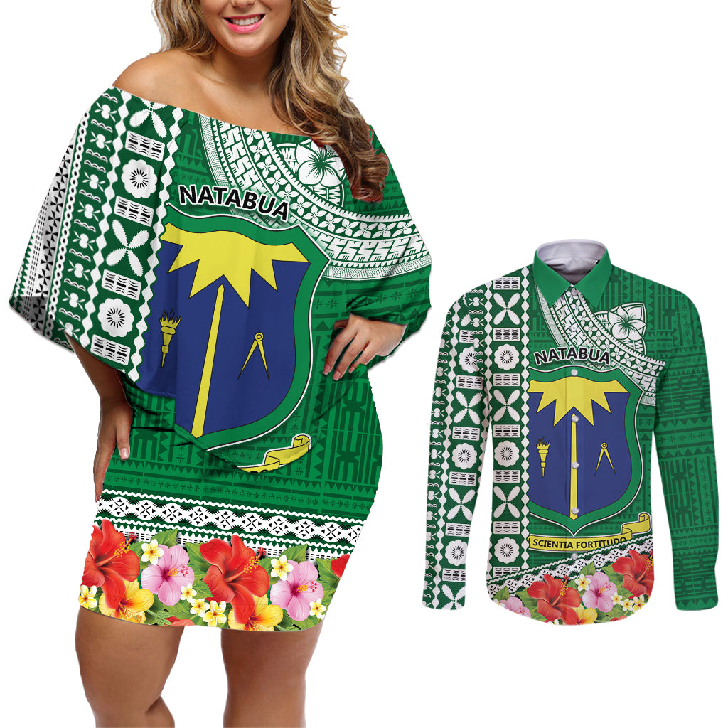 Fiji Natabua High School Couples Matching Off Shoulder Short Dress and Long Sleeve Button Shirt Tropical Flower and Tapa Pattern Green Style LT03 Green - Polynesian Pride