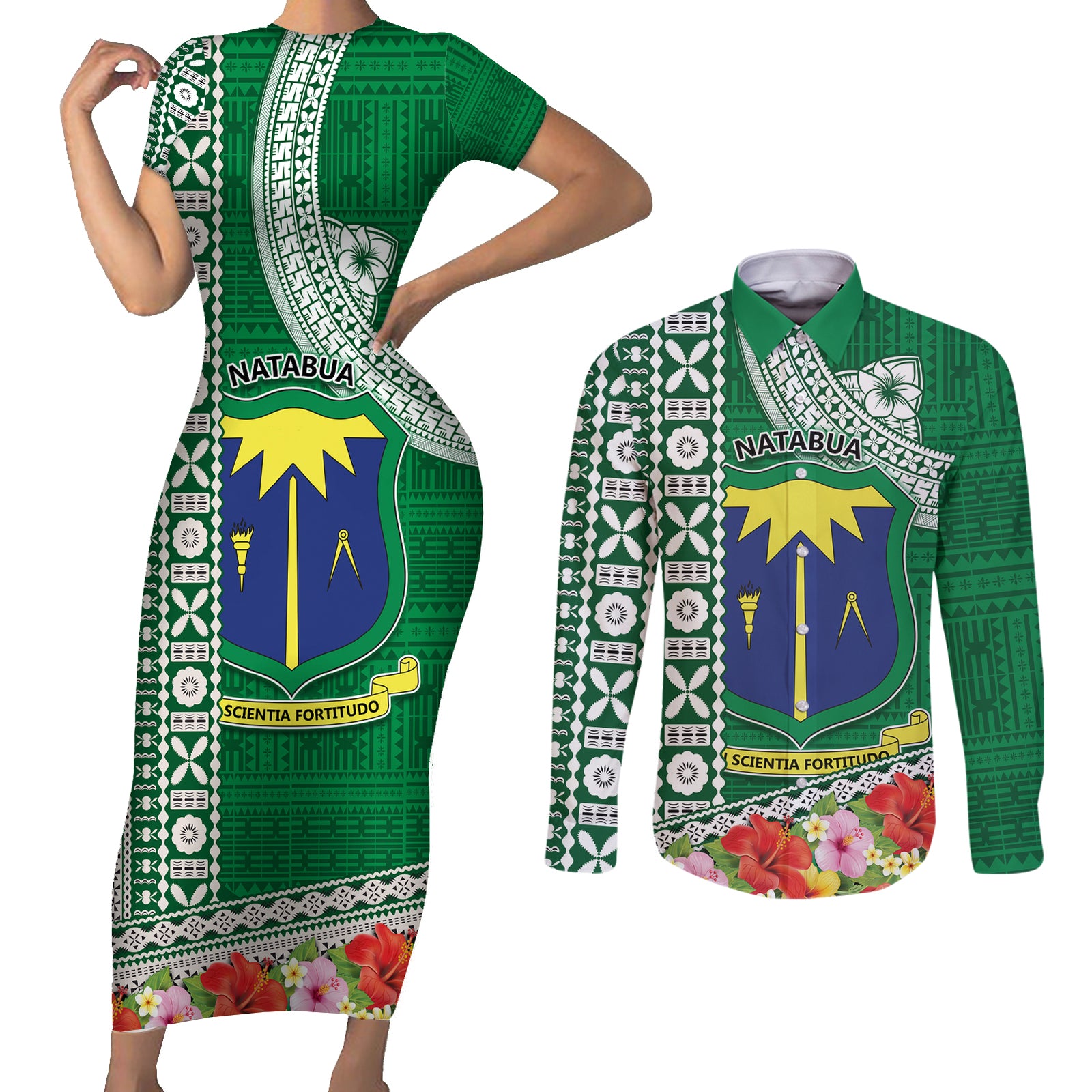 Fiji Natabua High School Couples Matching Short Sleeve Bodycon Dress and Long Sleeve Button Shirt Tropical Flower and Tapa Pattern Green Style LT03 Green - Polynesian Pride