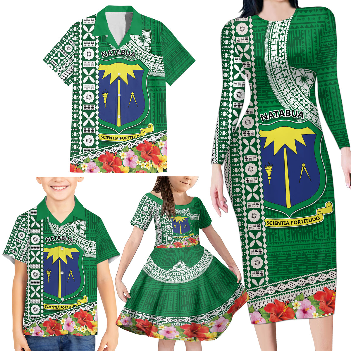 Fiji Natabua High School Family Matching Long Sleeve Bodycon Dress and Hawaiian Shirt Tropical Flower and Tapa Pattern Green Style LT03 - Polynesian Pride