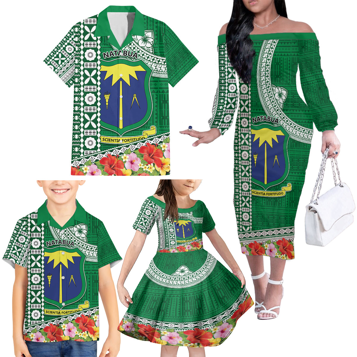 Fiji Natabua High School Family Matching Off Shoulder Long Sleeve Dress and Hawaiian Shirt Tropical Flower and Tapa Pattern Green Style LT03 - Polynesian Pride