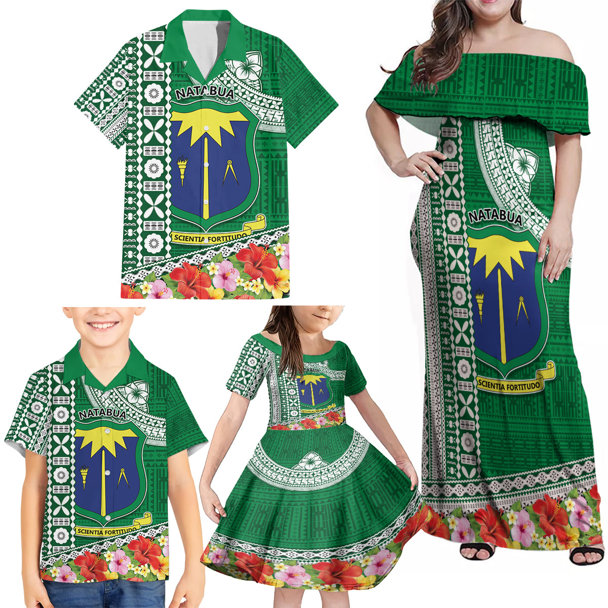 Fiji Natabua High School Family Matching Off Shoulder Maxi Dress and Hawaiian Shirt Tropical Flower and Tapa Pattern Green Style LT03 - Polynesian Pride