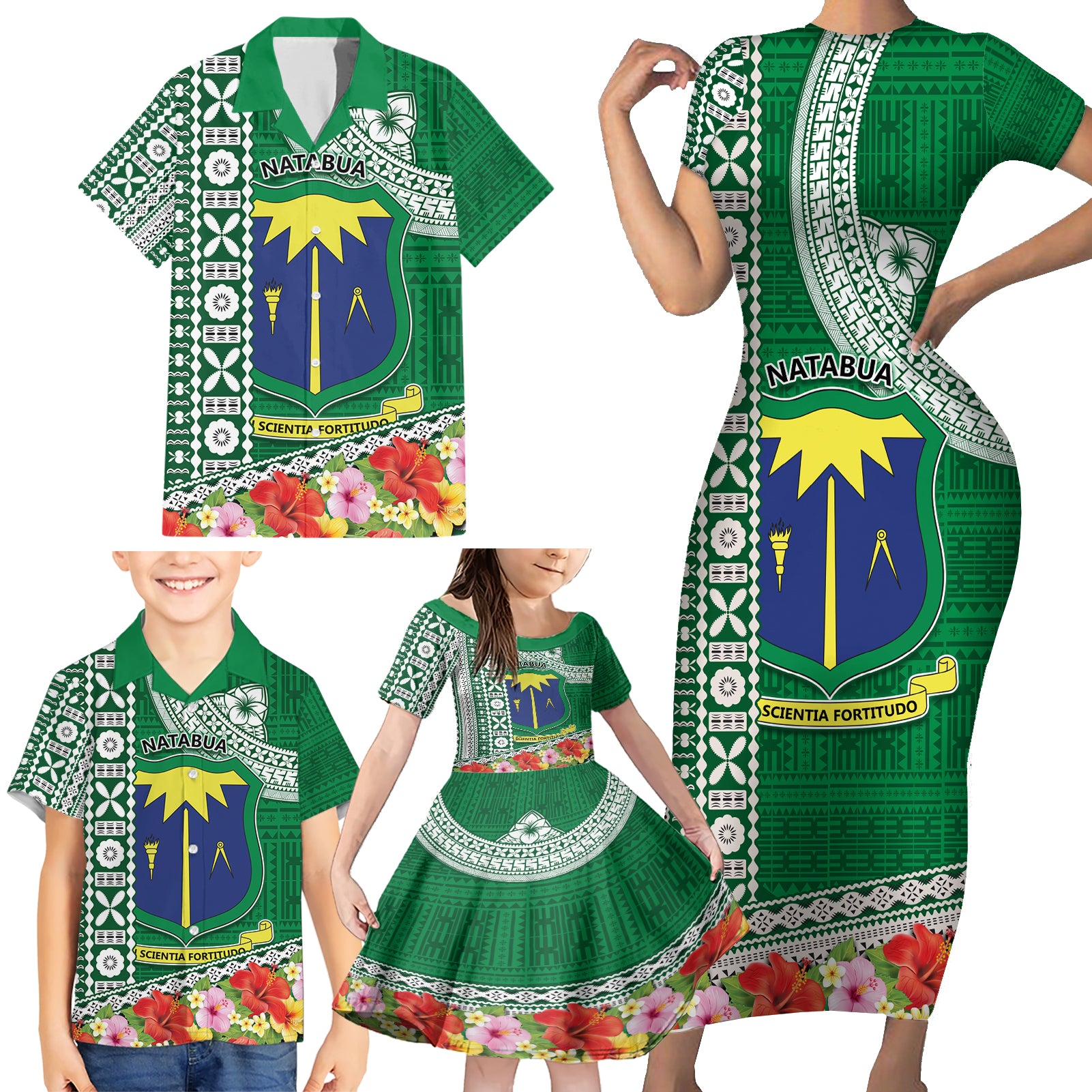 Fiji Natabua High School Family Matching Short Sleeve Bodycon Dress and Hawaiian Shirt Tropical Flower and Tapa Pattern Green Style LT03 - Polynesian Pride