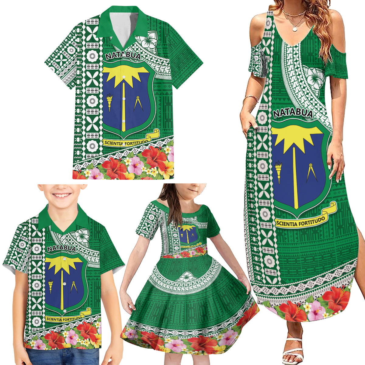 Fiji Natabua High School Family Matching Summer Maxi Dress and Hawaiian Shirt Tropical Flower and Tapa Pattern Green Style LT03 - Polynesian Pride