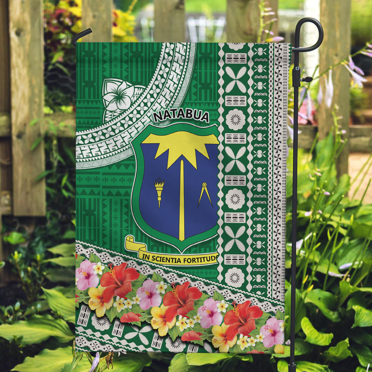 Fiji Natabua High School Garden Flag Tropical Flower and Tapa Pattern Green Style LT03 Garden Flag Green - Polynesian Pride