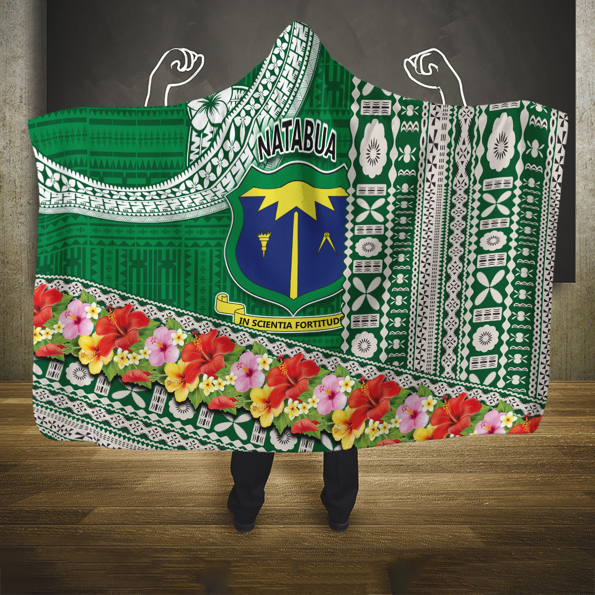 Fiji Natabua High School Hooded Blanket Tropical Flower and Tapa Pattern Green Style LT03 One Size Green - Polynesian Pride