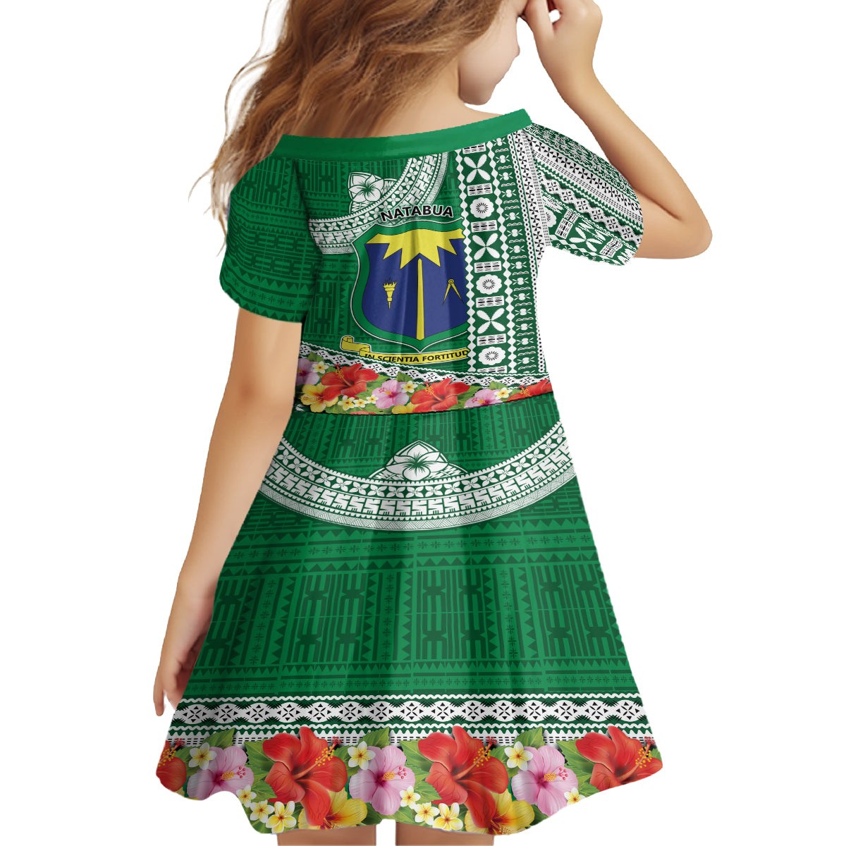 Fiji Natabua High School Kid Short Sleeve Dress Tropical Flower and Tapa Pattern Green Style LT03 - Polynesian Pride