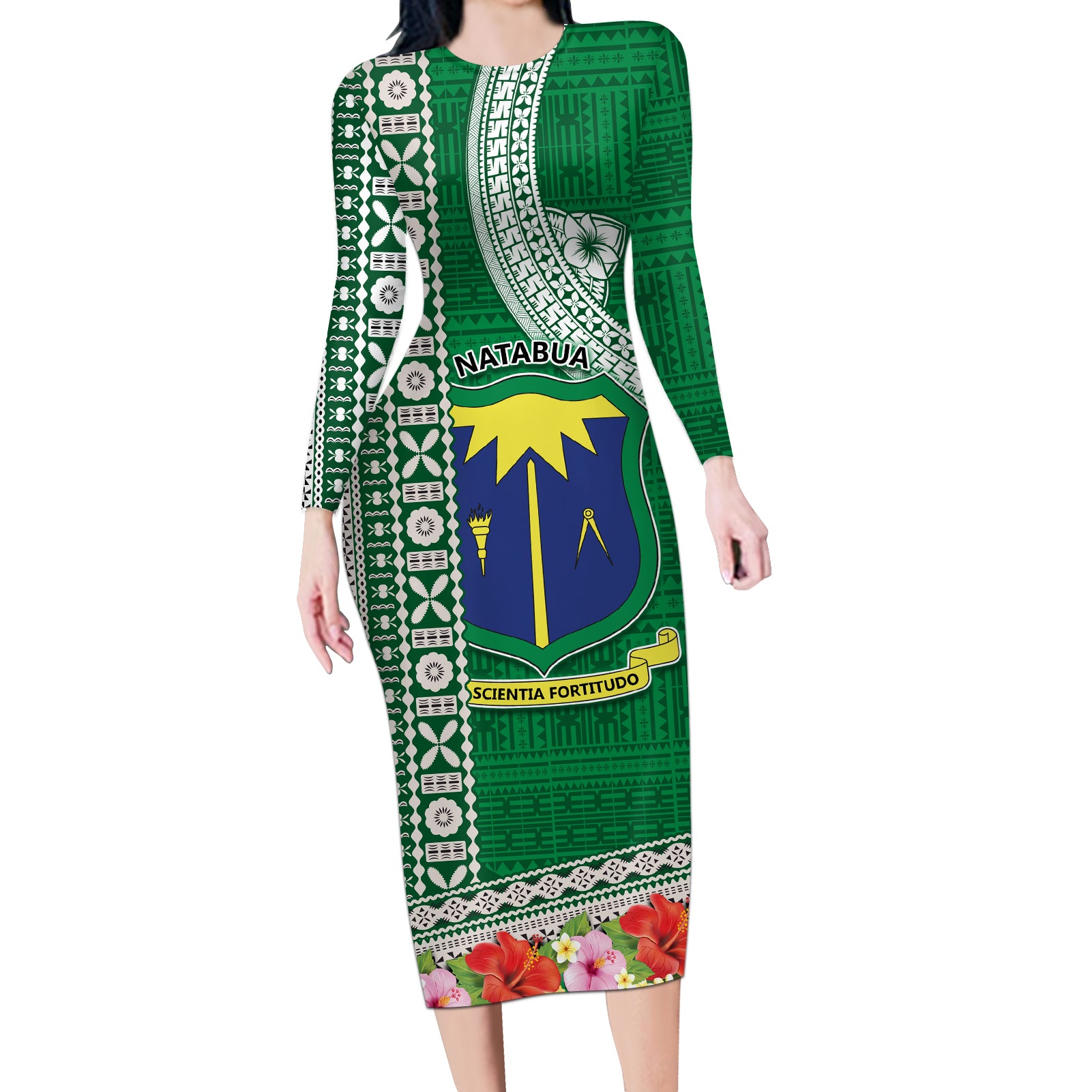 Fiji Natabua High School Long Sleeve Bodycon Dress Tropical Flower and Tapa Pattern Green Style LT03 Long Dress Green - Polynesian Pride