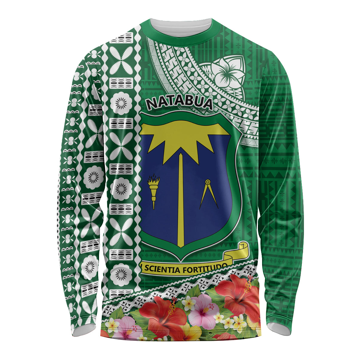 Fiji Natabua High School Long Sleeve Shirt Tropical Flower and Tapa Pattern Green Style LT03 Unisex Green - Polynesian Pride