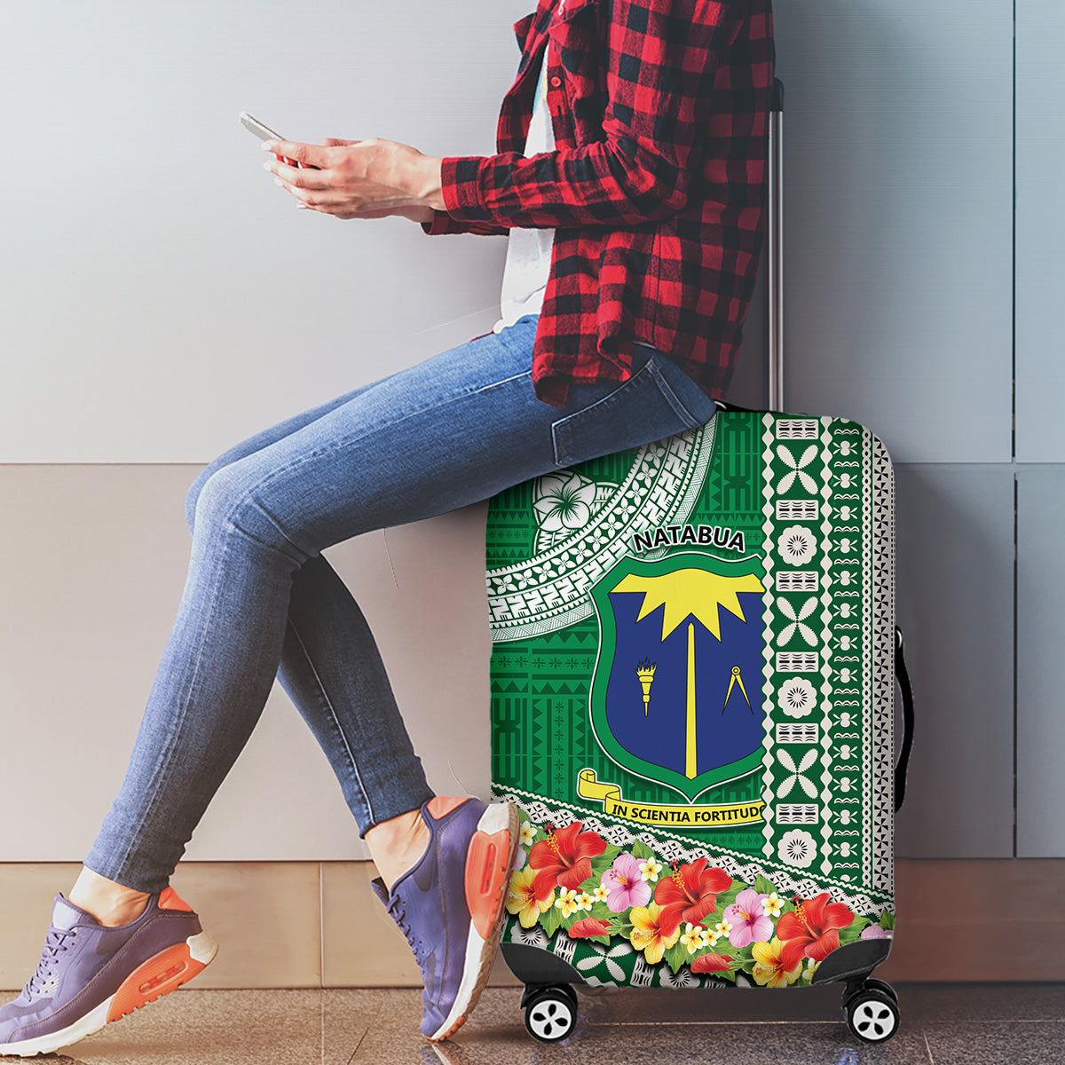 Fiji Natabua High School Luggage Cover Tropical Flower and Tapa Pattern Green Style LT03 - Polynesian Pride