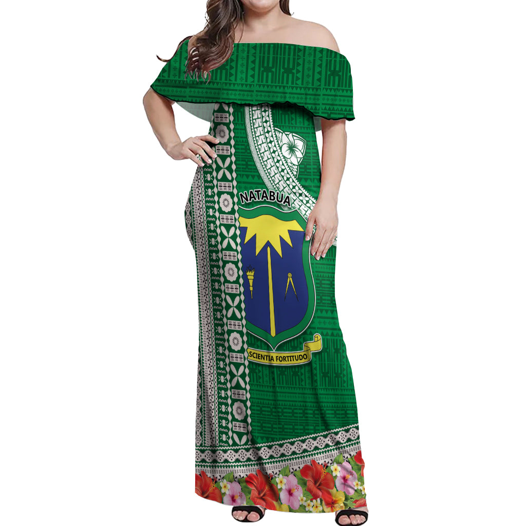 Fiji Natabua High School Off Shoulder Maxi Dress Tropical Flower and Tapa Pattern Green Style LT03 Women Green - Polynesian Pride