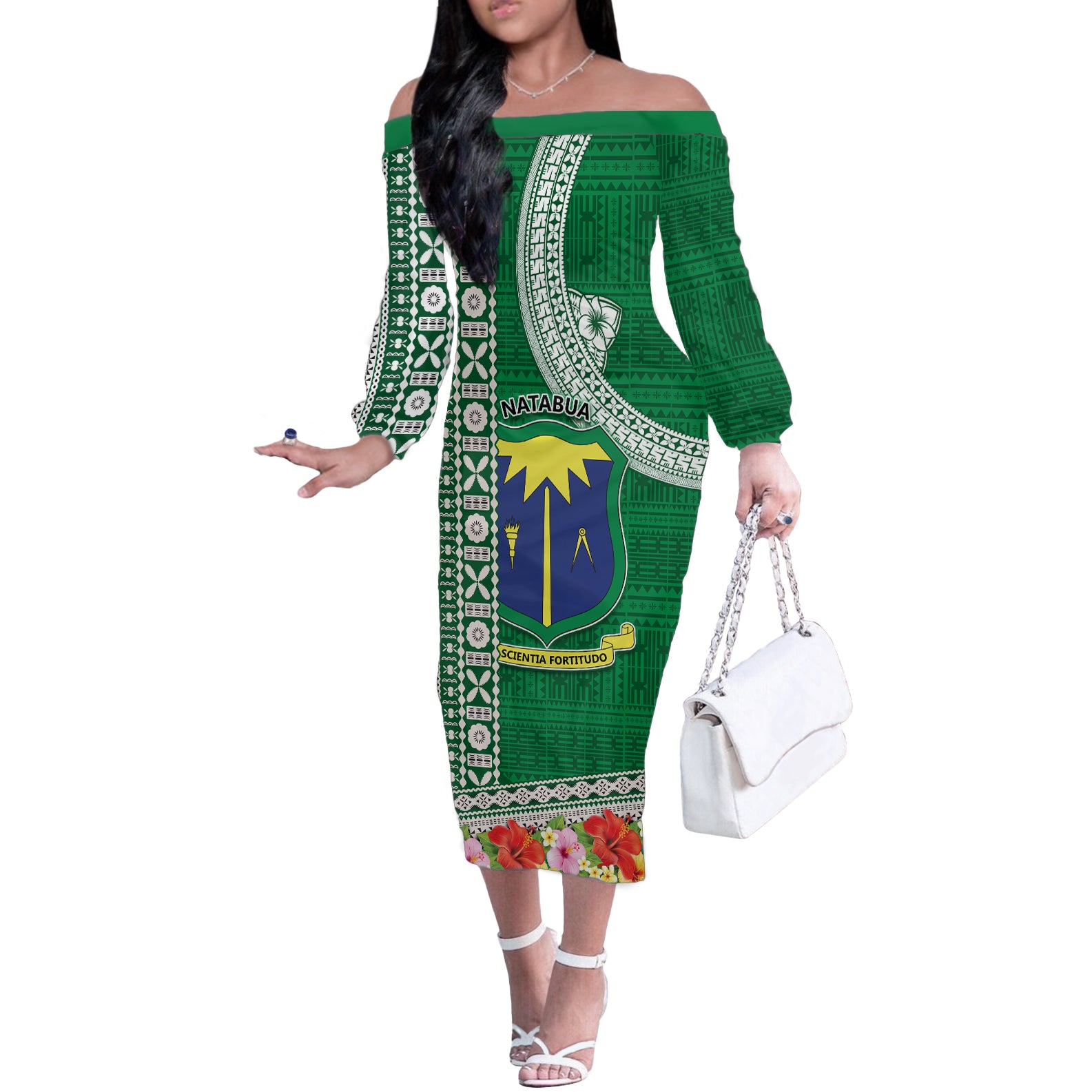 Fiji Natabua High School Off The Shoulder Long Sleeve Dress Tropical Flower and Tapa Pattern Green Style LT03 Women Green - Polynesian Pride